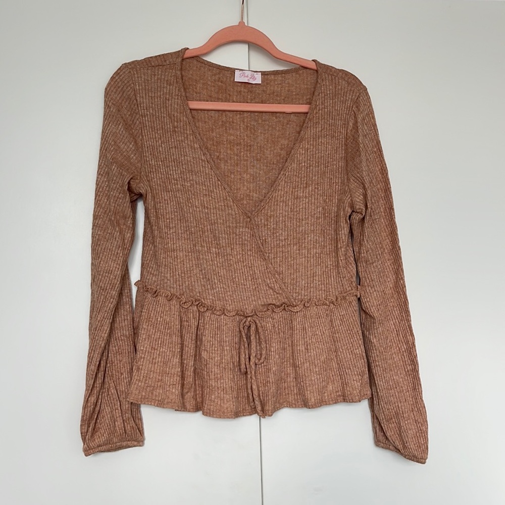 Pink Lily Long Sleeve Ribbed Wrap Top - Picture 2 of 6
